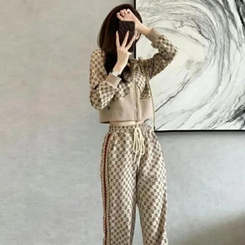 YYFS Женская мода повседневная весна осень клетчатый принт с длинным рукавом с капюшоном брюки костюмы