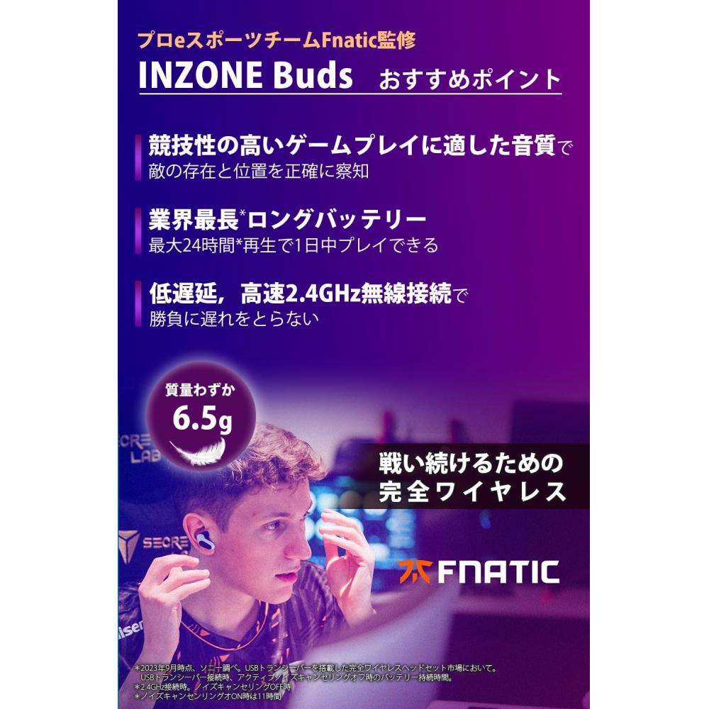 Sony Игровые наушники INZONE Buds:WF-G700N Контролируется Fnatic Полностью беспроводное беспроводное соединение с низкой задержкой 2,4 ГГц Приемопередатчик USB Type-C в
