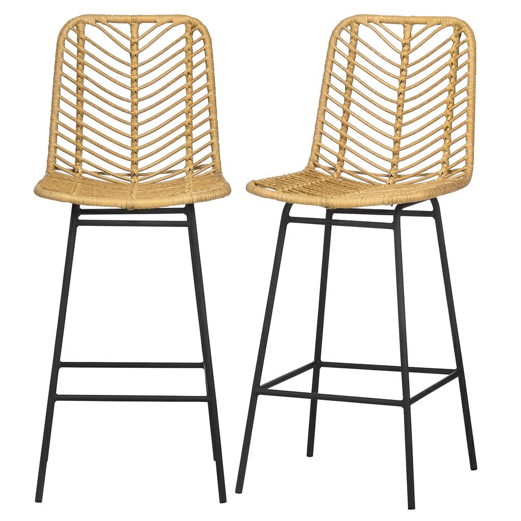 2 Piece Set Bar Stools In Boho Design PE Rattan Including Footrest 42.5 Cm X 52 Cm X 102 Cm Yellow And Black