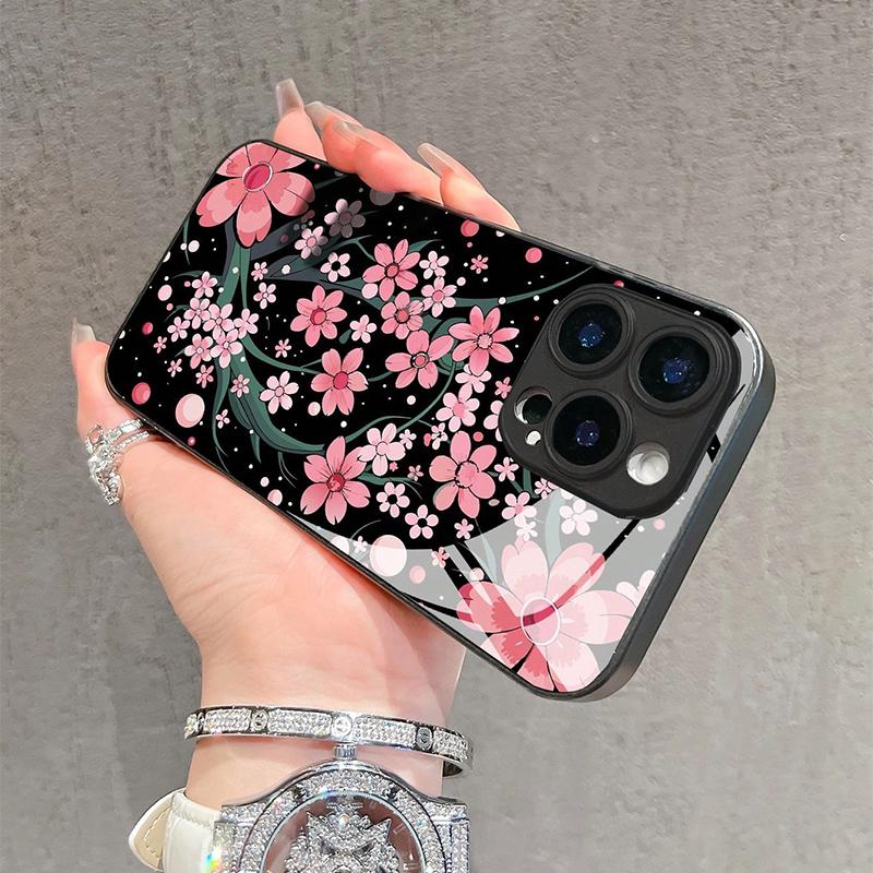 Чехол из закаленного стекла с розовым цветочным узором сакуры для iPhone 17 16 15 14 13 12 11 Pro Max 17Air 16E 7 8 Plus XR XS X