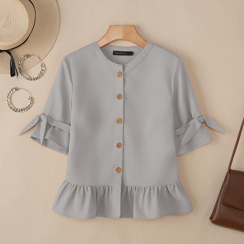 ZANZEA Женская повседневная однотонная блузка с круглым вырезом и рукавом 3/4