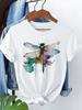 Women's Casual Short Sleeve Crew Neck T-Shirt Watercolor Dragonfly Ink Splatter Graphic Print White with Green Purple Art Trendy