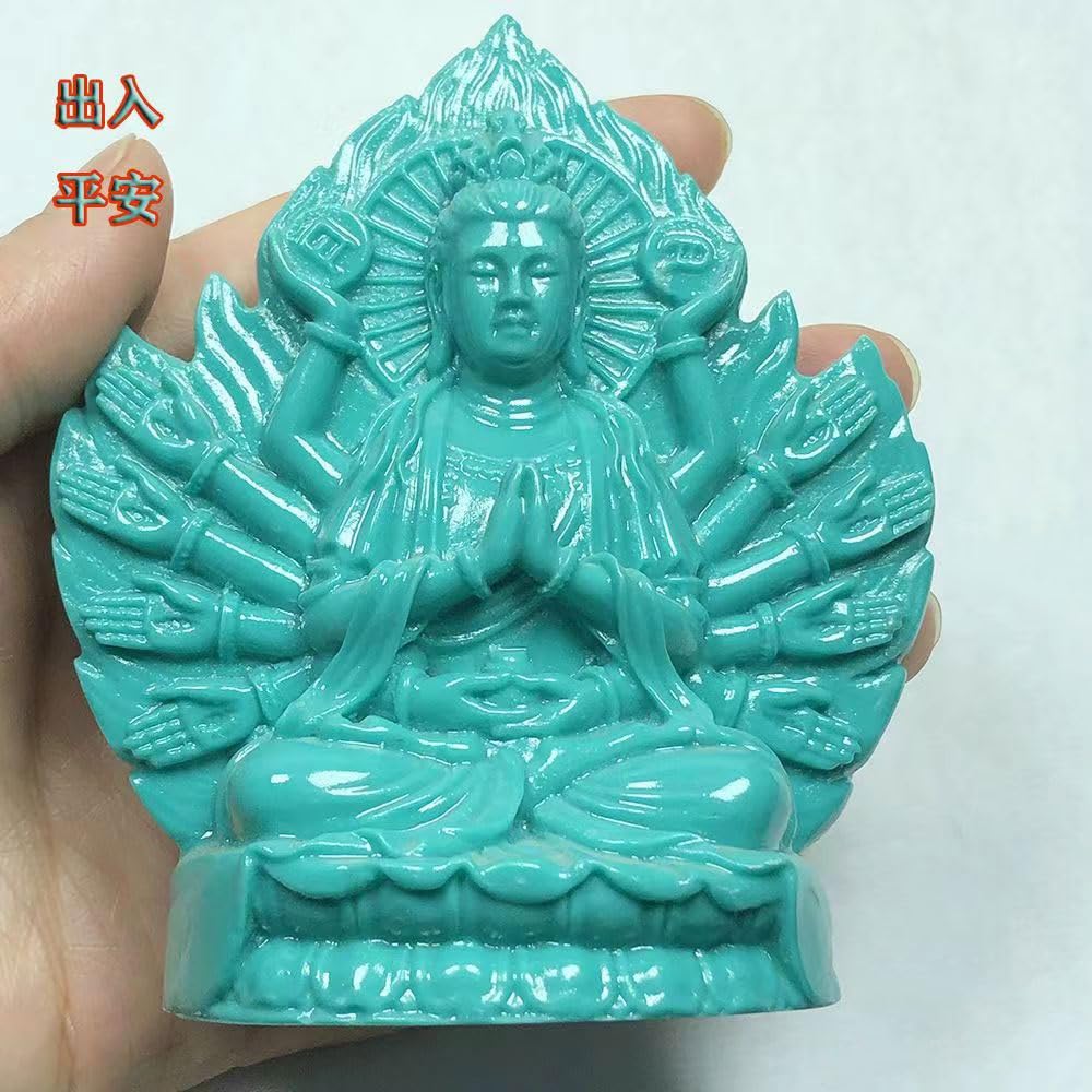 Мини-статуэтка Будды Каннон Зодиакальный амулет Основное изображение Год Крысы Натуральная бирюза Резной буддийский алтарь Статуя Будды Молящийся амулет x Ширина x