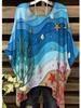 Ocean style women's large size short-sleeved T-shirt, irregular hem design, digital printing four seasons T-shirt