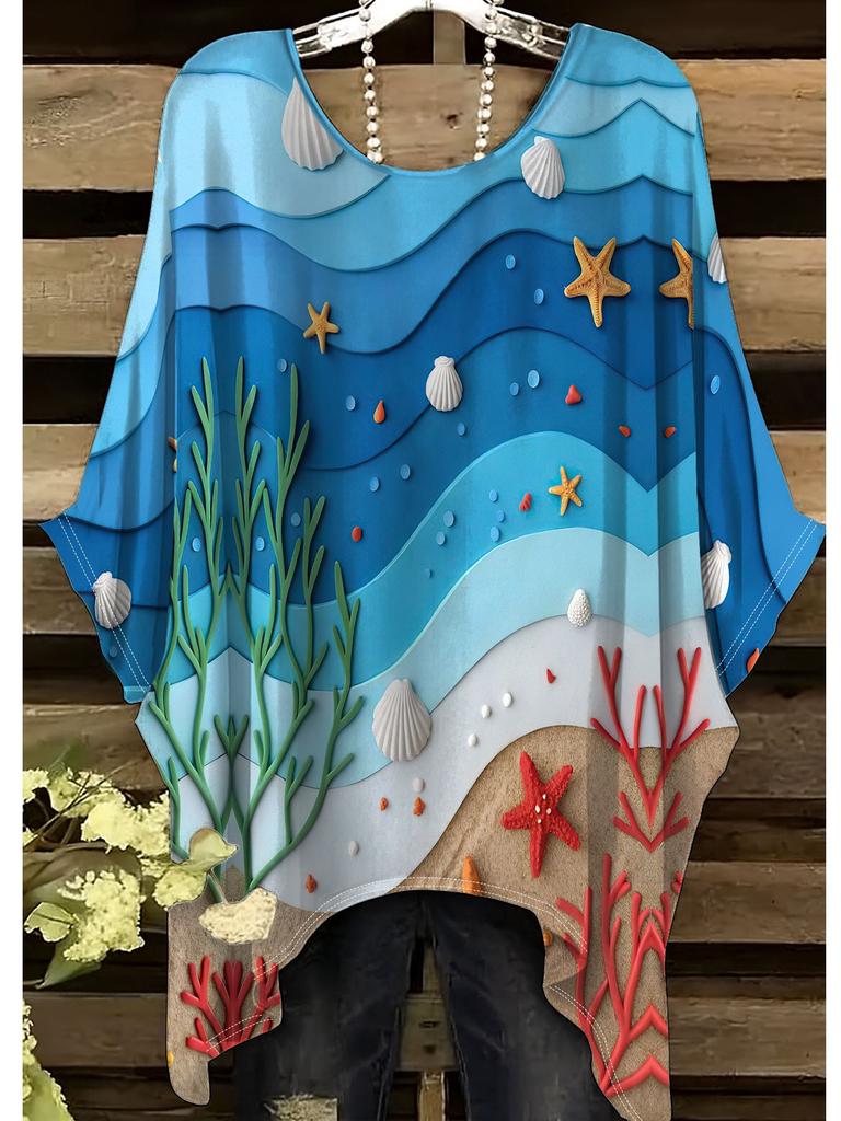 Ocean style women's large size short-sleeved T-shirt, irregular hem design, digital printing four seasons T-shirt
