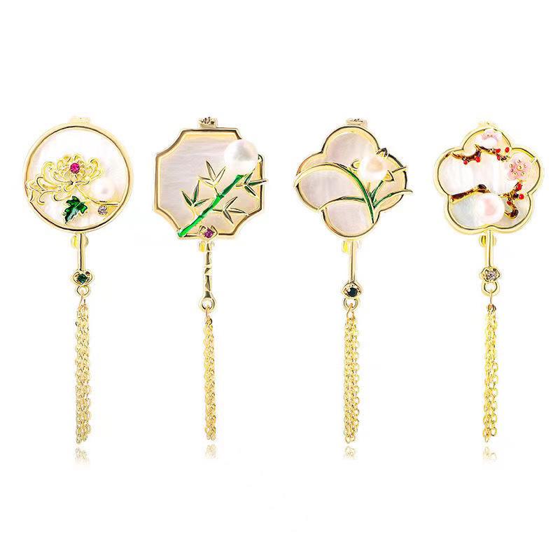 Chinese Style Natural Seashell Tassel Fan Brooch with Plum, Orchid, Bamboo, Chrysanthemum, Pearl Corsage, and Empty Setting