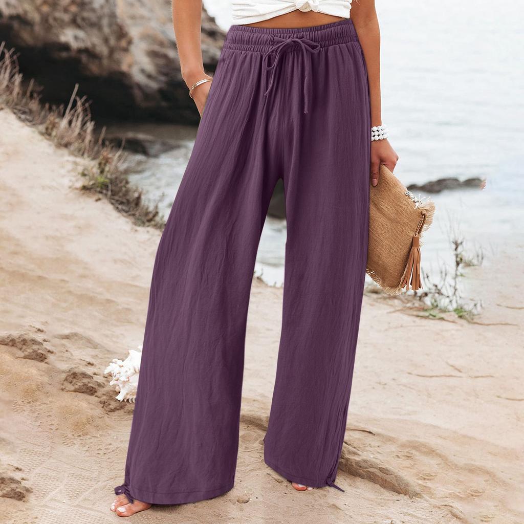 Women's 9-pant Casual Loose High Waist Cotton Linen Wide Leg Long Pants With Pockets