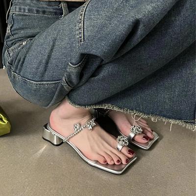 2024 Летние женские тапочки с кристаллами, модные элегантные шлепанцы с застежкой-молнией, женские уличные сандалии на низком толстом каблуке, шлепанцы