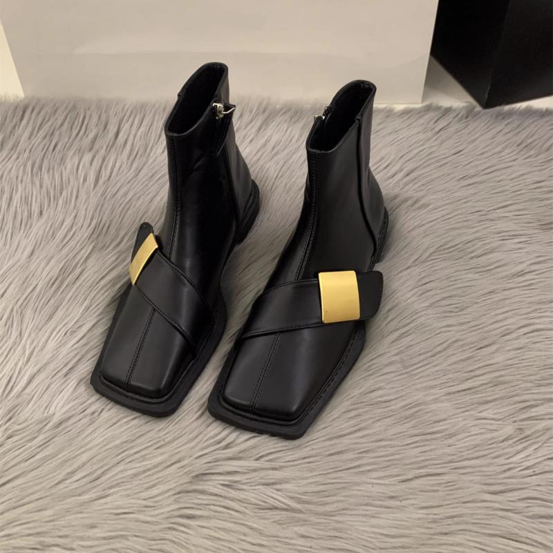 Fashion 2024 New Autumn and Winter Women's Short-tube Metal-decorated Square-toe Casual Solid Color Fashion Boots