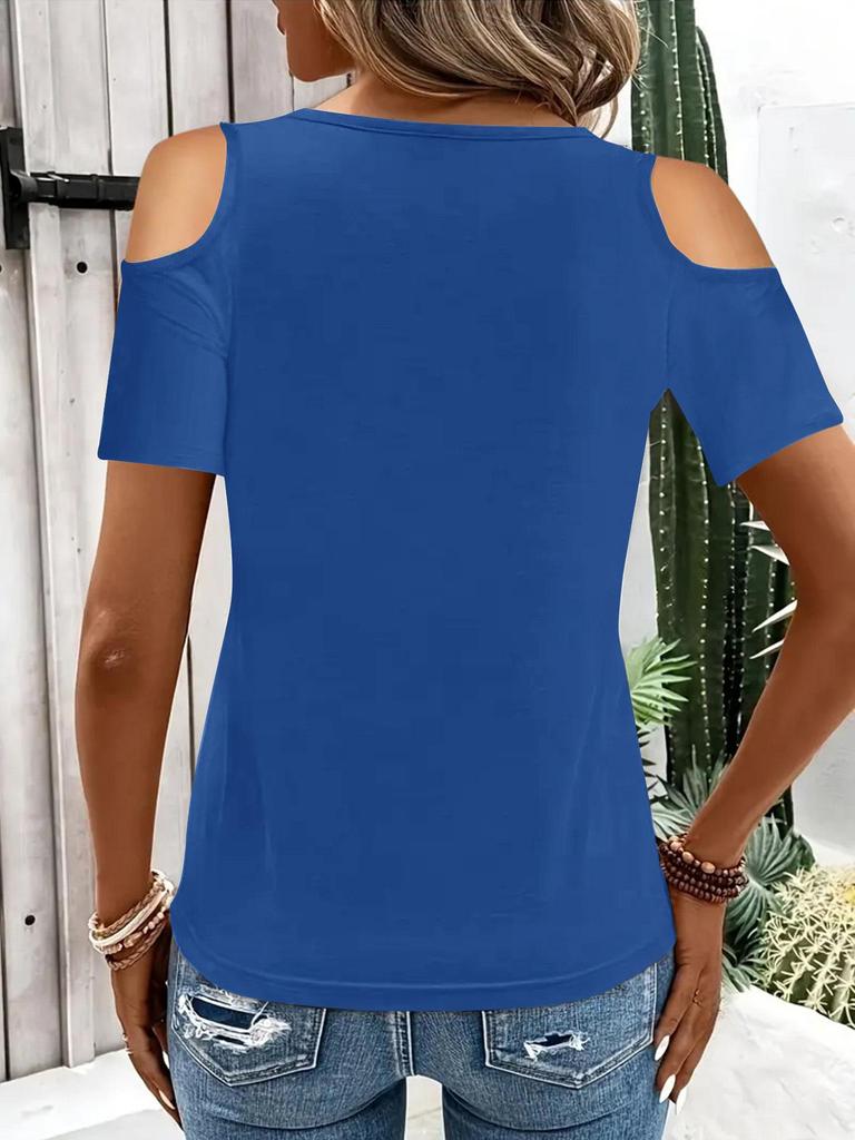 2025 Women's Solid Color V-Neck Off-Shoulder Short Sleeve Loose T-Shirt