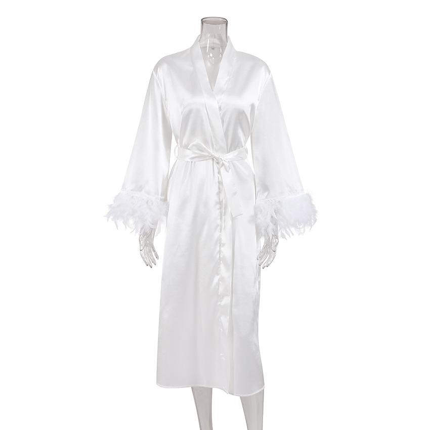 Spring Women's Nightgown Cardigan Feather Satin Robe Loose Long European American Bathrobe Ladies Home Wear