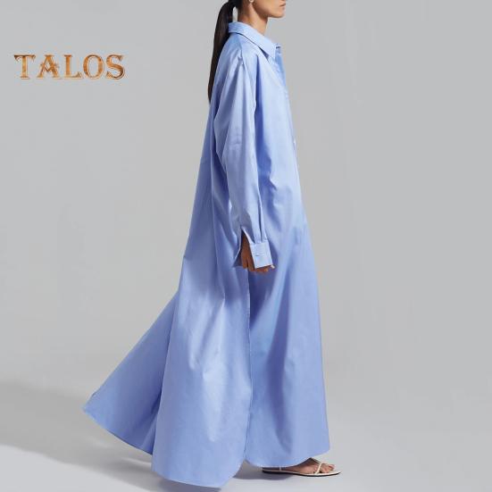 Women Shirt Dress Lapel Long Sleeve Side Slit Design Casual Shirt Solid Color Buttons Closure Maxi Dress Daily Wear