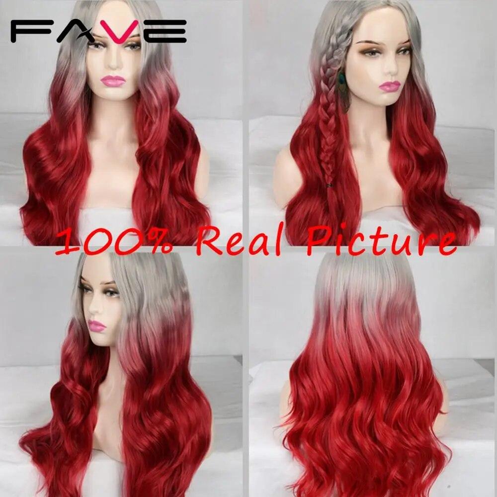 Long Wavy Wigs Ombre Gray To Watermelon Red Black Grey Purple Blue Brown Synthetic Hair For Black White Women Cosplay Party