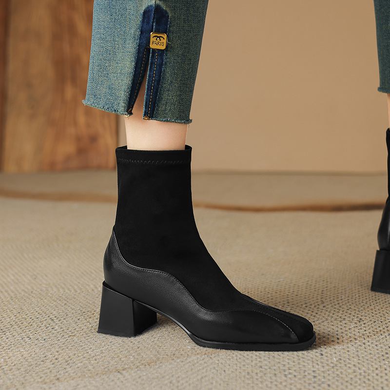 Krazing Pot Cow Skin Flock Autumn Winter Shoes Big Size Modern Boots Med Heels Patch Work Square Toe Keep Warm Size 43 Ankle Boots