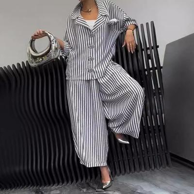 Женский комплект из полосатой черно-белой рубашки на пуговицах и брюк широкого кроя, модный костюм-двойка
