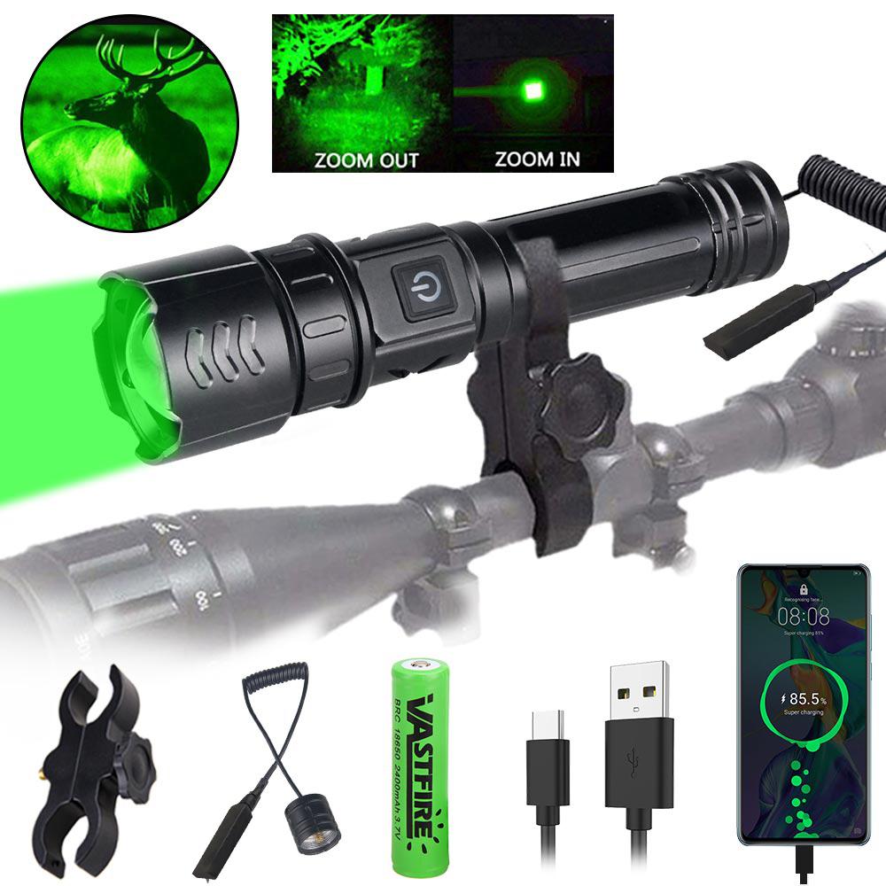 Tactical Zoomable Hunting Flashlight Green Red White LED Torch 5 Modes Type-C Fast Charging Lantern for Camping Fishing
