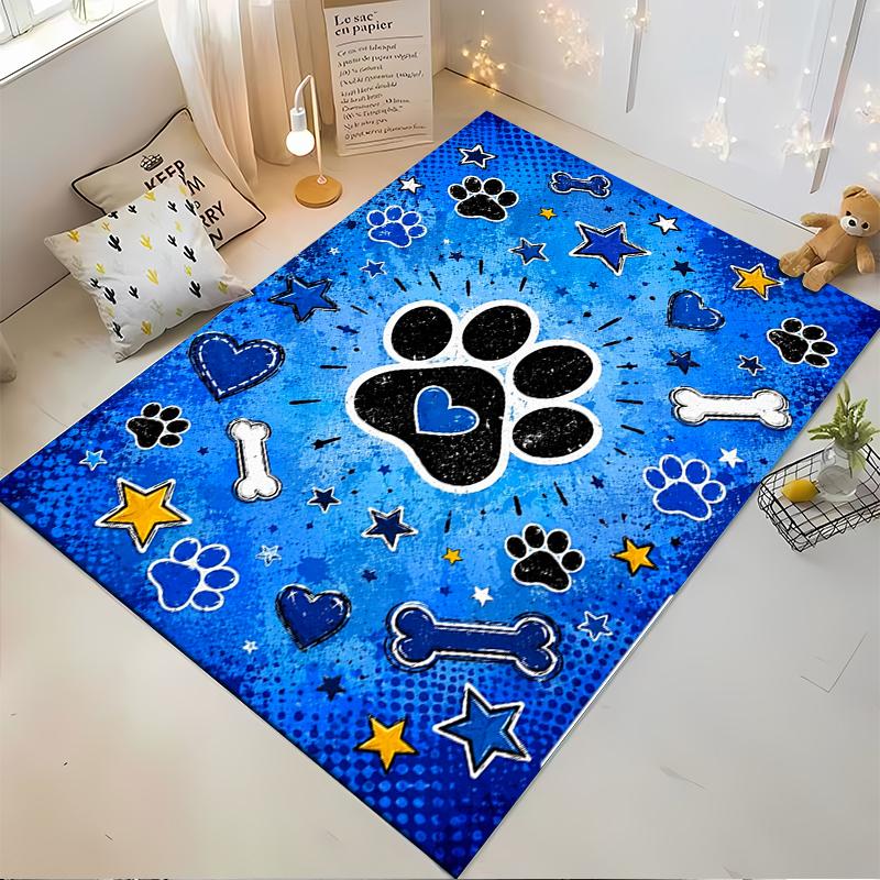 Blue Paw Print & Stars Pattern Non-slip rug suitable for living room and bedroom sofas