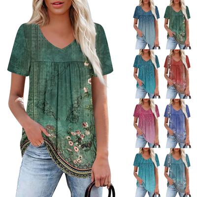 Женский повседневный топ с V-образным вырезом, коротким рукавом, оборкой на груди и принтом