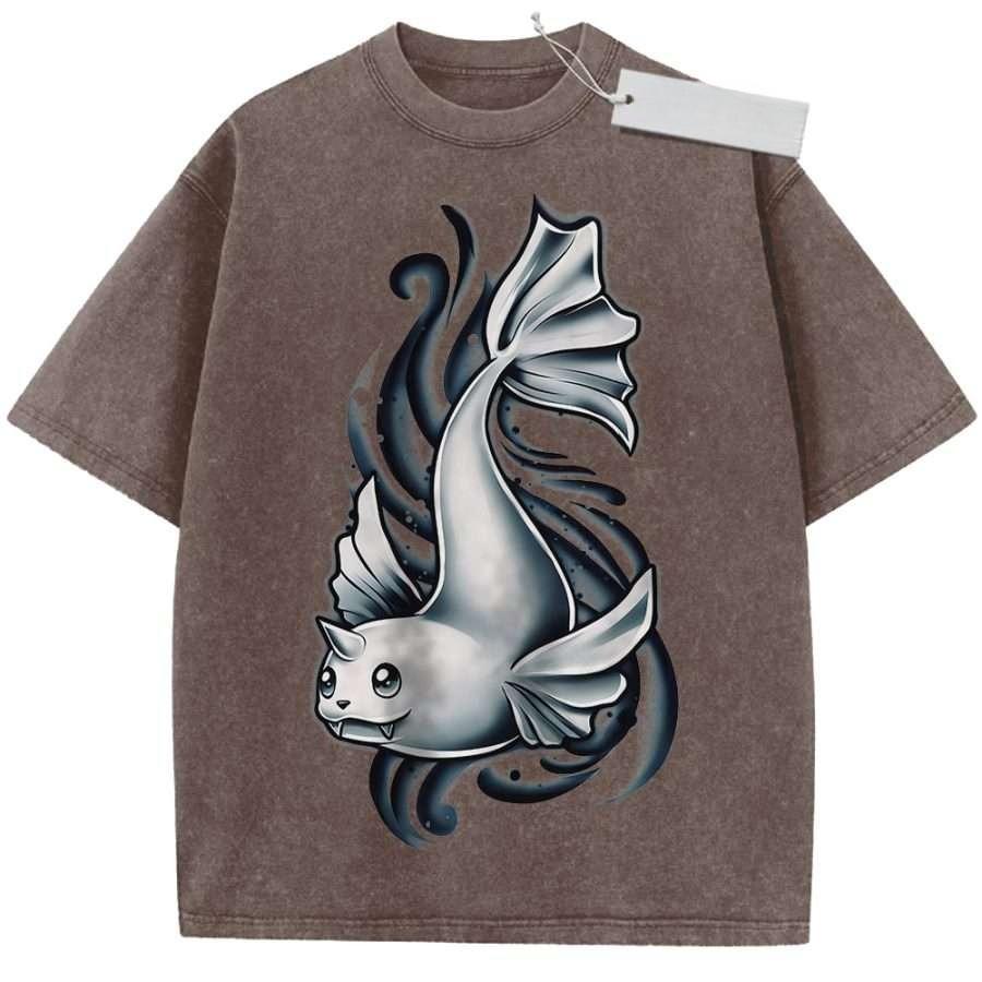 Unisex Washed Black Vintage T Shirt Catfish High Quality Fabric for Home Leisure Travel Shopping