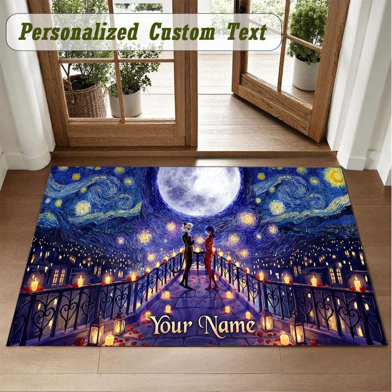 Crystal Velvet Square Rug Custom NameMiraculous Ladybug Pattern Non Slip Home Floor Decor Rug