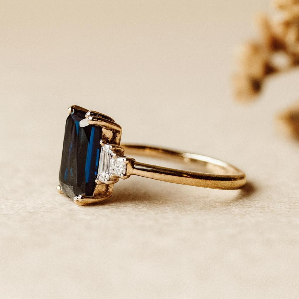 Emerald Cut Sapphire Ring with Baguette Cubic Zirconia – Classic Blue Gemstone Ring - Gold Plated 925 Sterling Silver Jewelry Gift