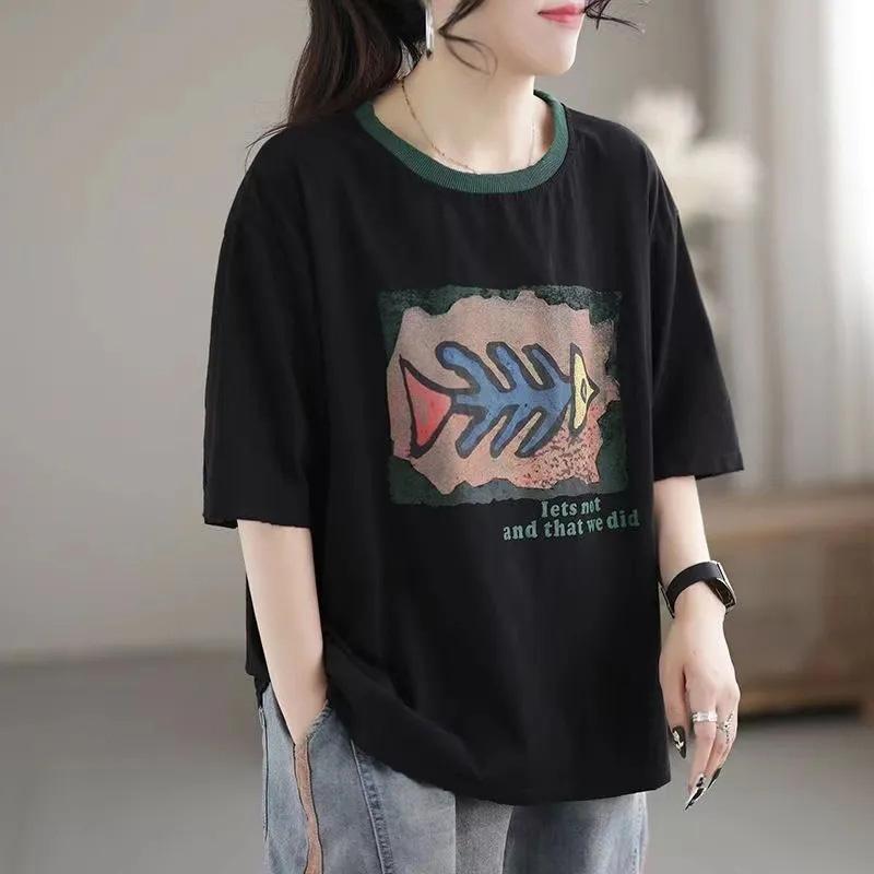 Футболка больших размеров с короткими рукавами, хлопковые женские топы, свободная повседневная толстовка с круглым вырезом