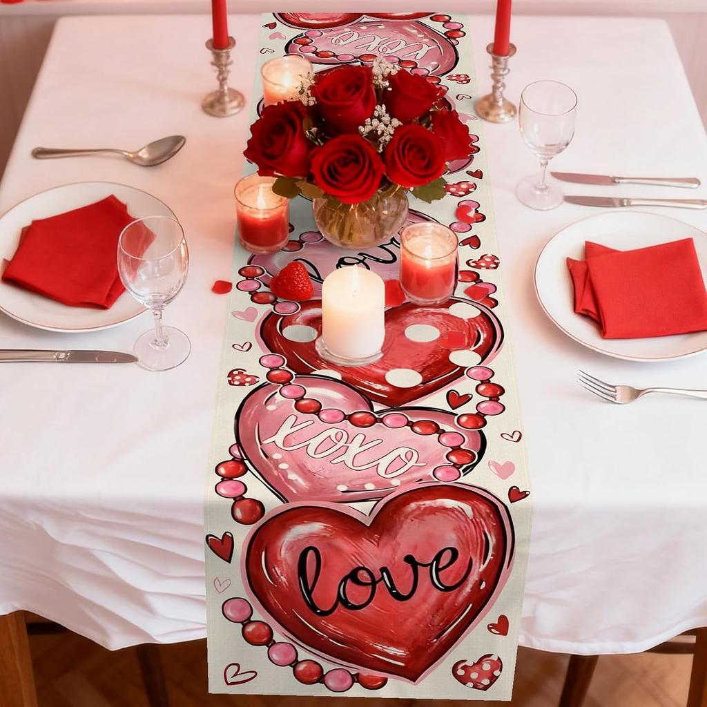 72 x 13 Inch Valentines Day Table Runner – Red and Pink Hearts with Love and XOXO Lettering, Polka Dot Heart Pattern for Dining Room, Kitchen, and