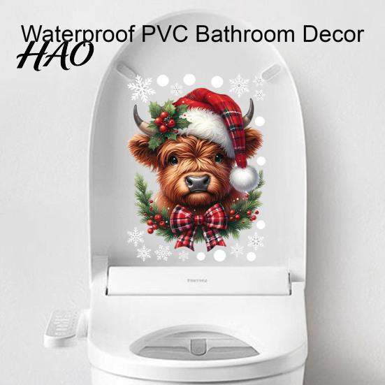 Waterproof PVC Wall Art for Entryway Christmas Window Clings, Cute Highland Cow Sticker with Santa Hat, Winter Reusable Clings Classroom Double-Side