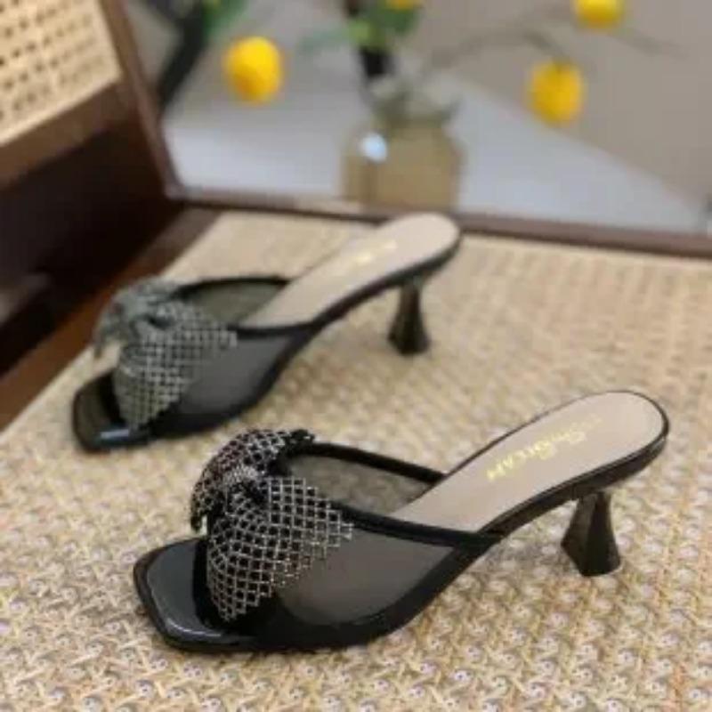 Модные женские туфли с сетчатым бантом на высоком каблуке, новые французские повседневные полые женские сандалии, дизайнерские повседневные женские тапочки
