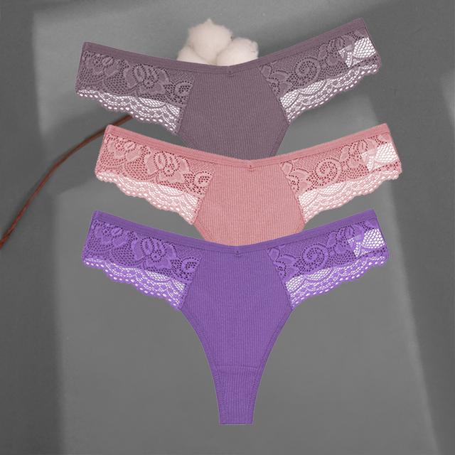 FINETOO Women's Cotton Thongs 3Pcs/set Lace Bikini Underpants S-XL Ladies G-string Underwear Soft Thong Panties Female Lingerie