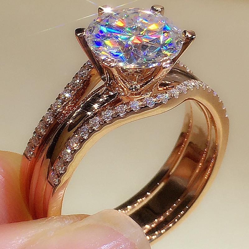 Кольца Huitan Unique Rose Gold Color для женщин, классические, с 6 когтями, с кубическим цирконием, обручальные кольца, ювелирные изделия