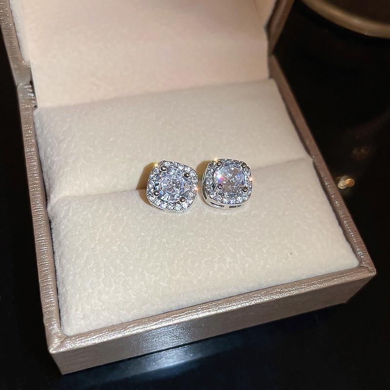 Luxury  Square Stud Earrings for Women Piercing Zircon Silver Earings Accessories Jewelry