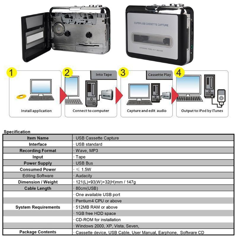 USB-кассетный захват Кассетный плеер преобразует ленту в MP3 USB-кассетный захват для ноутбуков и компьютеров