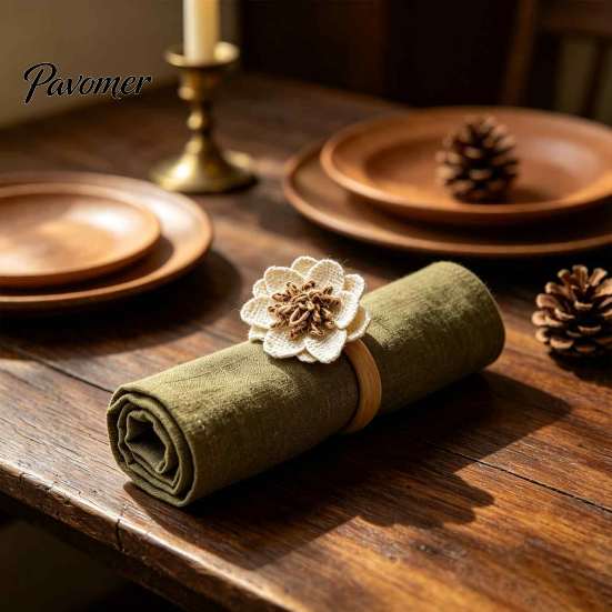Reusable Cloth Napkin Rings 6Pcs Linen Flower Rings, Wooden Ring Rustic Holders, Floral Table Decorations Farmhouse for Wedding Bridal Shower