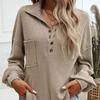 Женские топы с пуговицами на лацканах, с полузастежкой, длинным рукавом, накладным карманом, пуловеры, однотонные свободные трикотажные топы