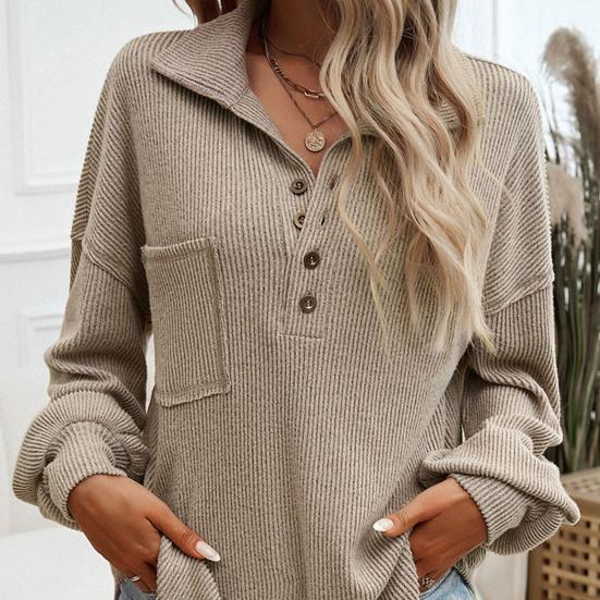 Женские топы с пуговицами на лацканах, с полузастежкой, длинным рукавом, накладным карманом, пуловеры, однотонные свободные трикотажные топы