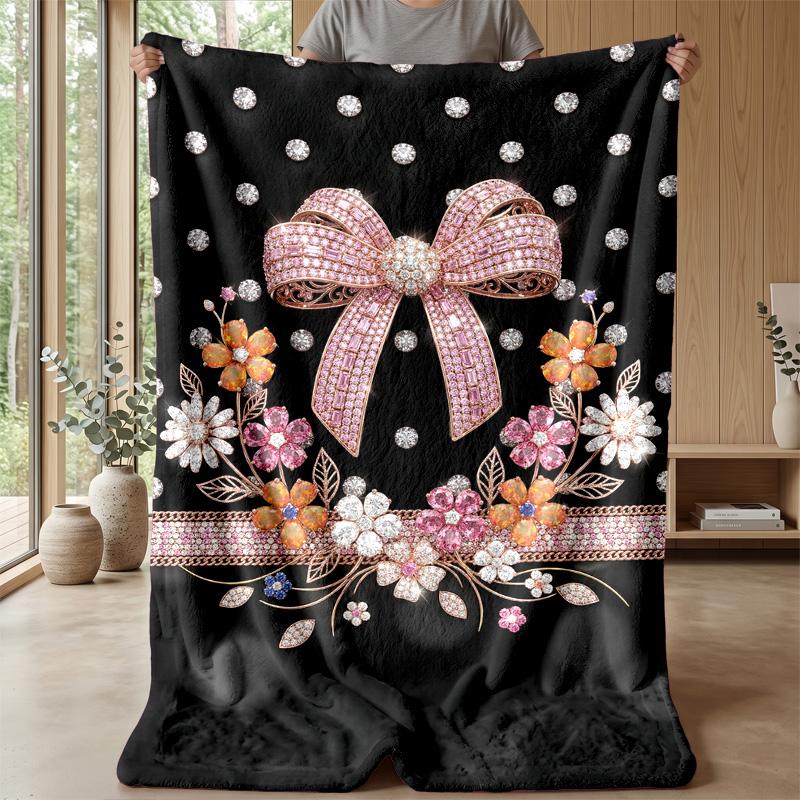 Jeweled Bow and Flowers 1 Theme blanket Lightweight Warm Flannel Blanket Decorative Throw Blanket for Home Decoration
