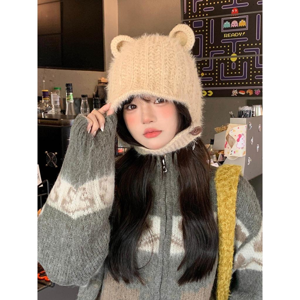 Sweet and cute bear ears knitted plush hat for women's autumn and winter new ear protection, cold protection and warmth Lei Feng hat