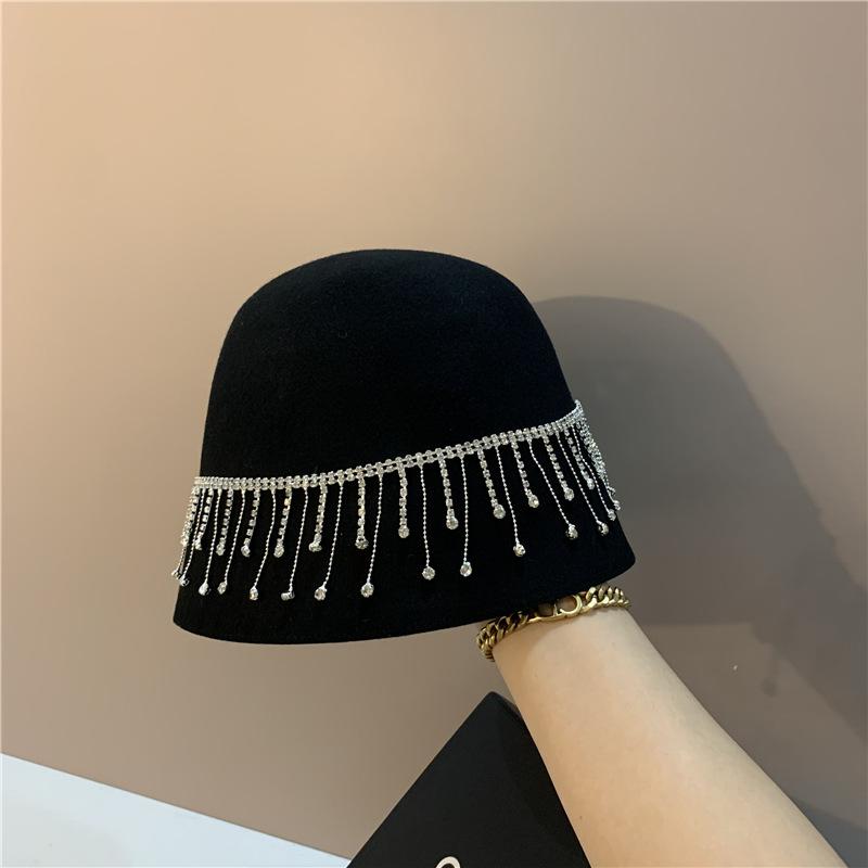 Women's Fashionable Bucket Cap with Diamond Chain Basin Cap Autumn Wool Warm Fisherman Cap