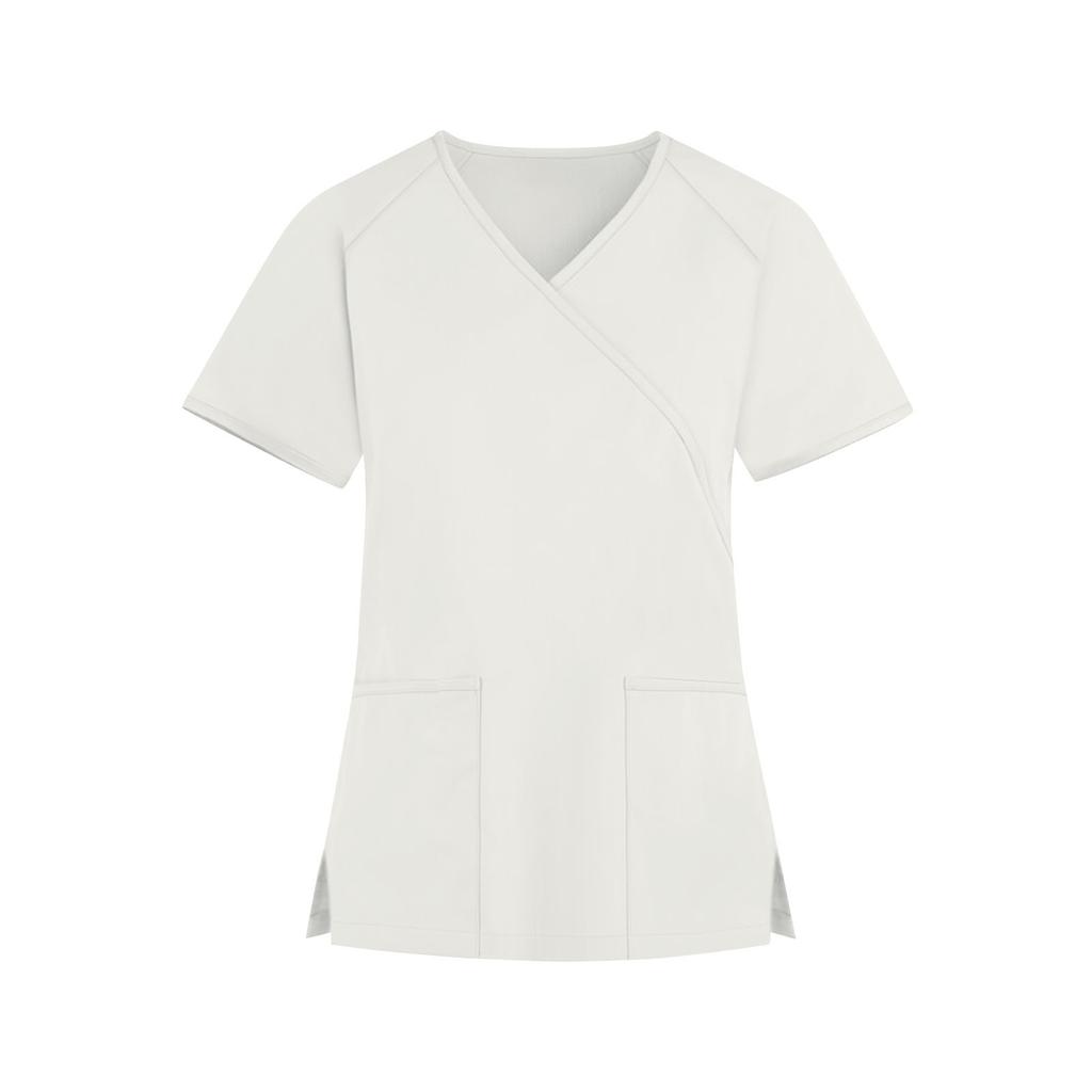 Женская мода однотонная рабочая одежда с v-образным вырезом и короткими рукавами с карманами, топы
