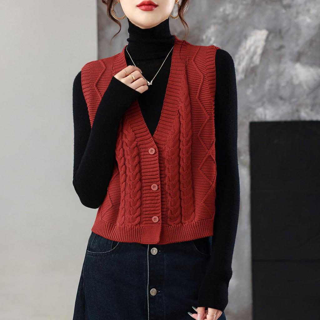 Women's Loose Wool V-Neck Sleeveless Sweater Vest for Autumn & Spring