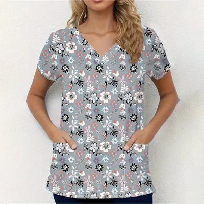 Медицинские костюмы Женская мода Цветочный принт Топы для стоматологической медсестры V-образный вырез Короткий рукав Накладной карман Футболки Униформа медсестры Женская