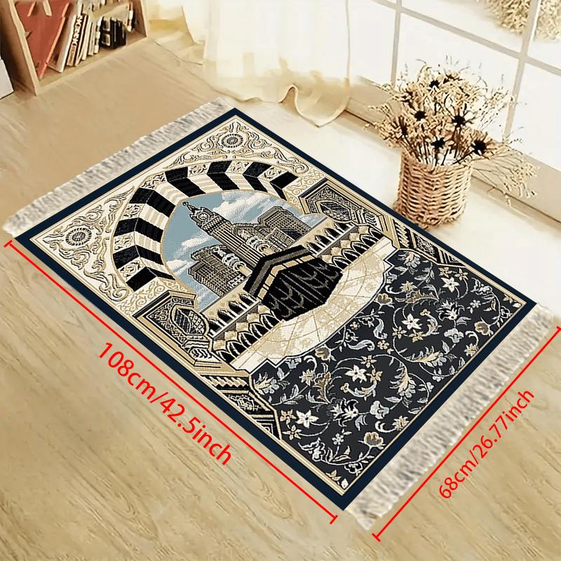 Vintage Salat Mat Mecca Print Fringed Foldable Portable Prayer Rug Hajj Umrah Home Worship Carpet