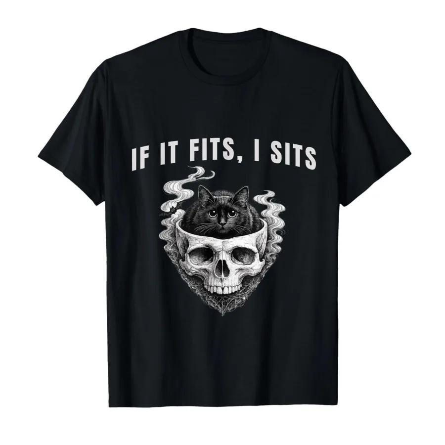 If It Fits I Sits Black Cat Skull Spooky Minimalist Tshirt For Men Women 100 Cotton T Shirts Short Sleeve Tops 04133