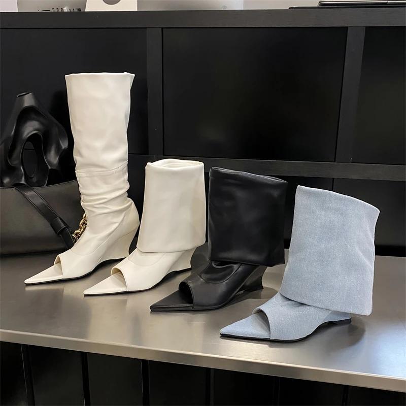 Мода Мода Остроносые Босоножки-Ботильоны Дизайнерские Сапоги до Колена Клиновидные Каблуки Женская Обувь Zapatos De Mujer