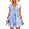 Women's Casual Short Sleeve Button Up Floral Print Patchwork Loose Mini Pleated Short Dress