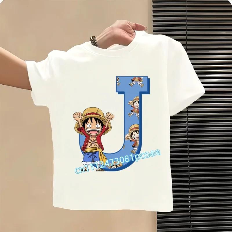 One Piece letter AZ childrens pure cotton shortsleeved boys sports shirtgirls casual top with cartoon printsummer Tshirt
