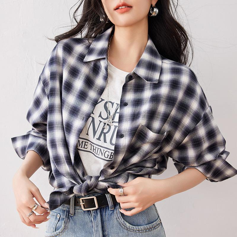 Женский винтажный клетчатый повседневный свободный топ с длинными рукавами