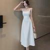 Elegant French Square Collar White Pleated Midi Dress with Straps