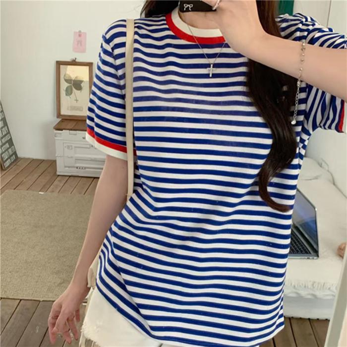 2025 летние простые футболки с коротким рукавом для женщин, модные повседневные свободные базовые футболки в синюю полоску, футболки для студентов в стиле Харадзюку, кавайные, топы для улиц y2k
